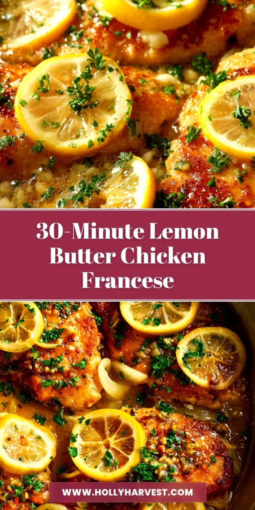 Lemon Butter Chicken Francese: A Restaurant-Quality Classic Made Easy 3 A close-up overhead shot of Lemon Butter Chicken Francese in a skillet, garnished with fresh parsley and lemon slices. The chicken is golden brown and coated in a bright, luscious sauce.