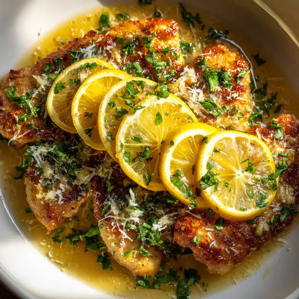 A skillet containing the finished Lemon Chicken Romano, with the crispy chicken coated in a silky lemon butter and parsley sauce. The dish is ready to be served.