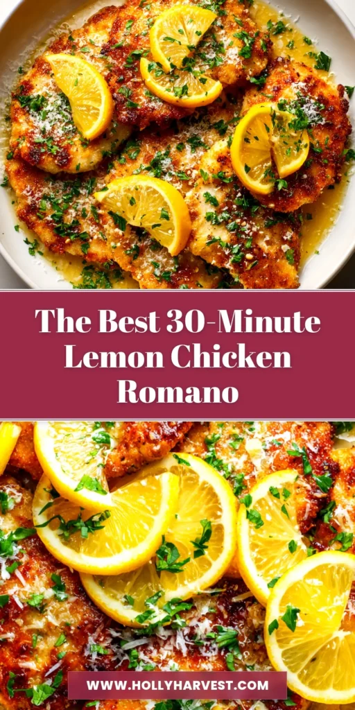 A delicious plate of Lemon Chicken Romano, with golden-brown chicken cutlets topped with a vibrant lemon butter sauce and fresh parsley. The perfect easy weeknight dinner idea.