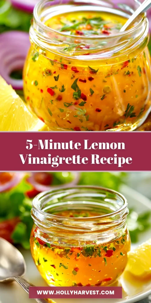 A bright and zesty lemon vinaigrette recipe in a glass jar, surrounded by fresh lemons and herbs. The perfect homemade salad dressing.
