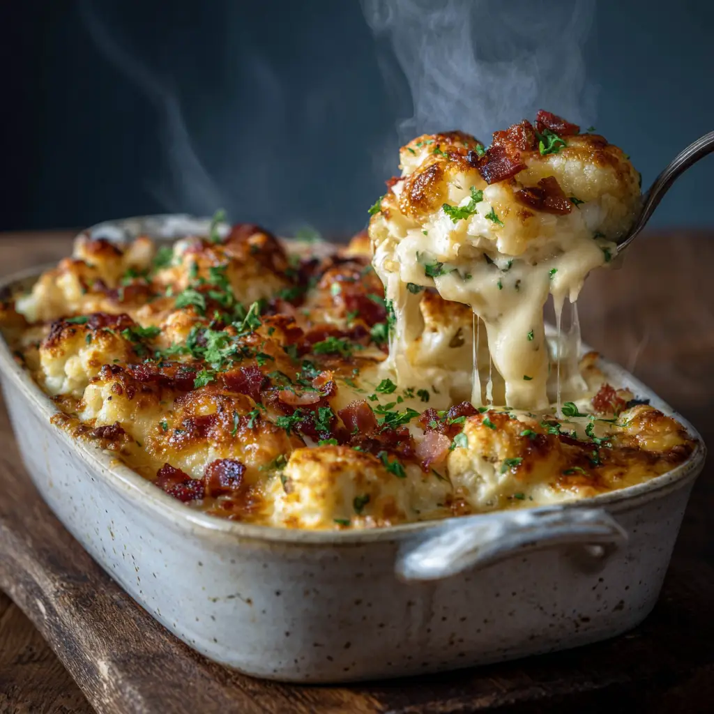 A single serving of the loaded cauliflower bake on a white plate, garnished with fresh parsley, ready to be eaten.