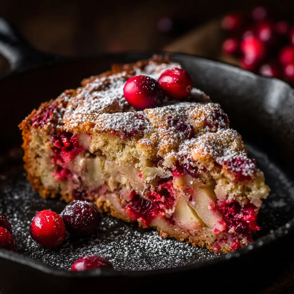 A side view of the skillet cake batter being poured over the apple and cranberry topping in a cast-iron skillet before baking.