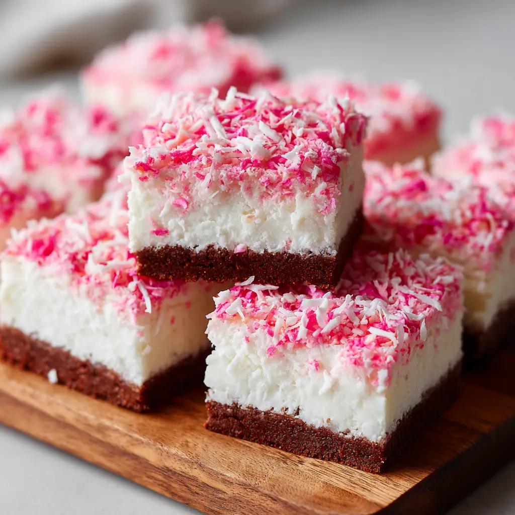 Pink Coconut Snowball Cake Bars: A No-Bake Holiday Treat 1 The process of making Pink Coconut Snowball Cake Bars, with the pink coconut topping being spread over the cake base.