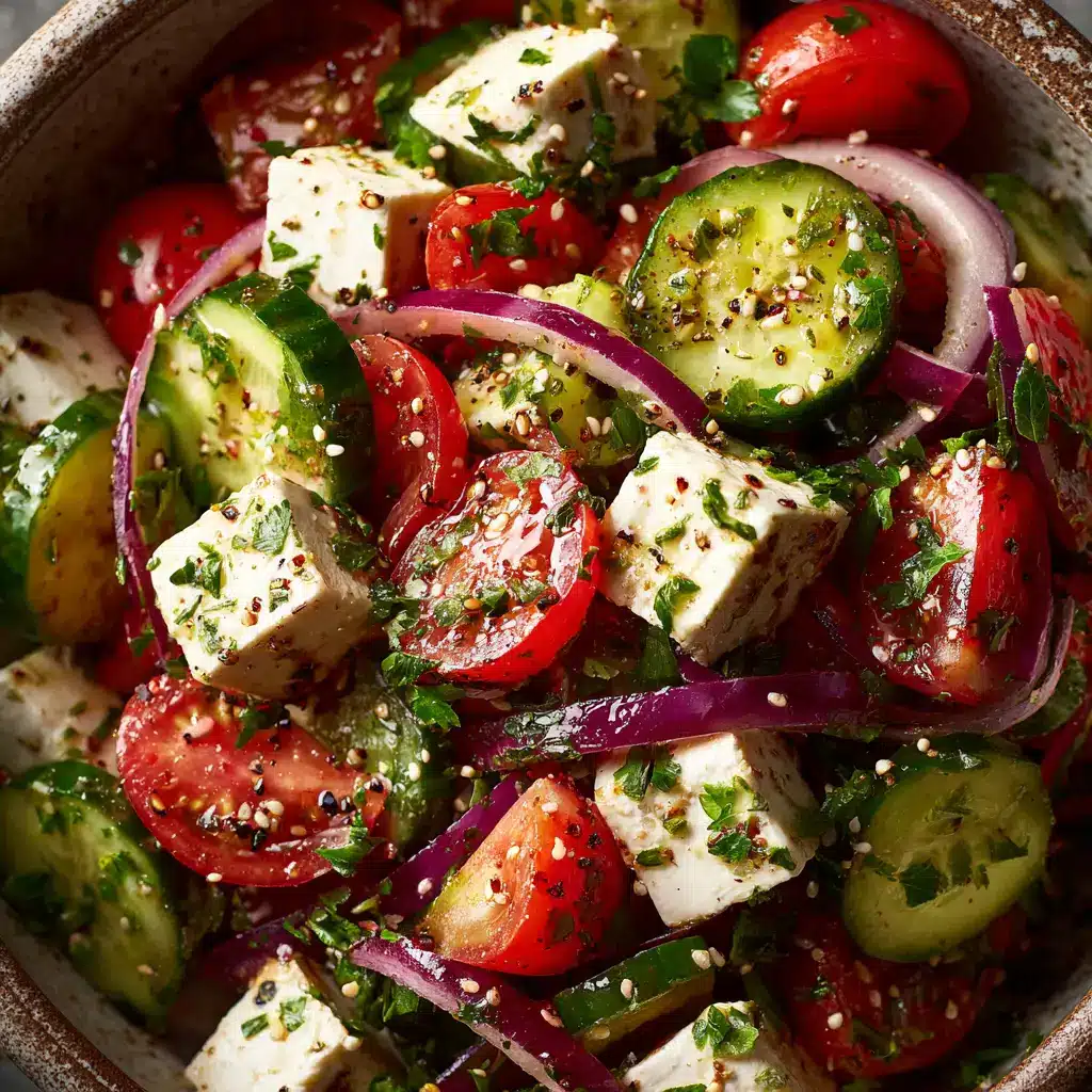 A bright and colorful Mediterranean cucumber salad in a serving bowl, ready to be eaten. The simple Greek vinaigrette coats every piece.