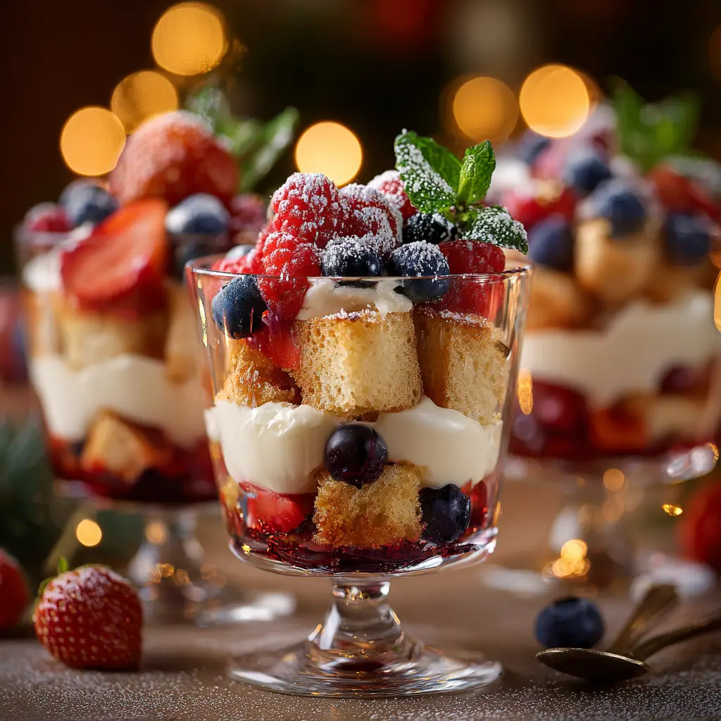 A collection of finished Christmas trifle shots garnished with fresh raspberries and mint, showcasing them as an easy Christmas treat for a crowd.
