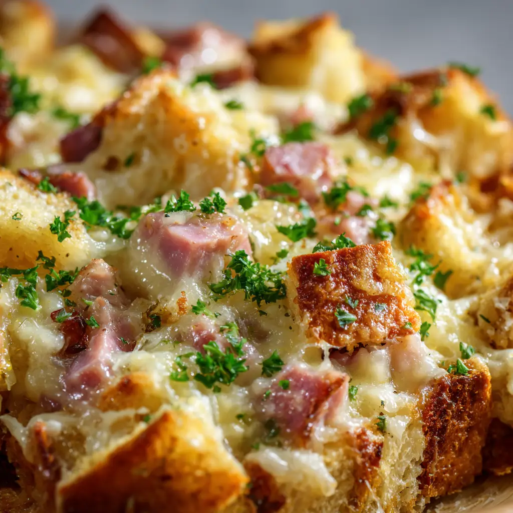 A close-up, detailed view inside the savory breakfast casserole, revealing layers of ham, turkey, and melted cheese between custard-soaked bread cubes.