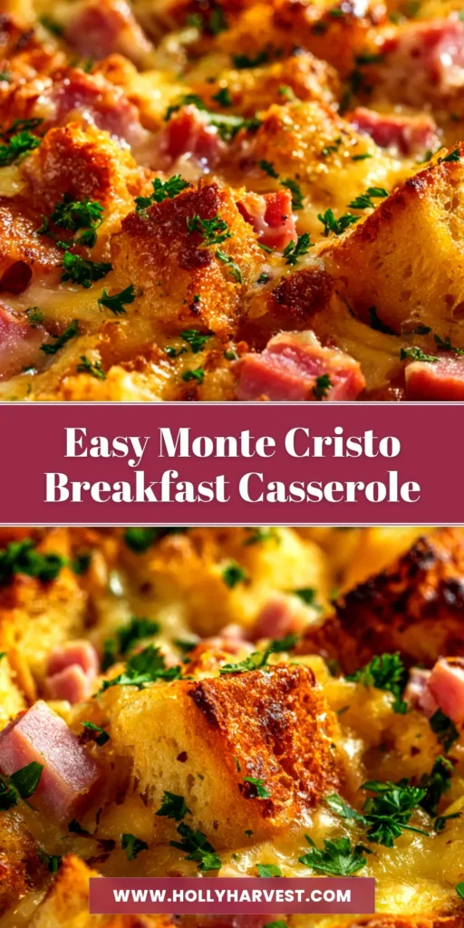 A delicious slice of Monte Cristo Breakfast Casserole on a white plate, dusted with powdered sugar with a side of raspberry jam. The casserole has a golden-brown top and visible layers of ham and cheese.