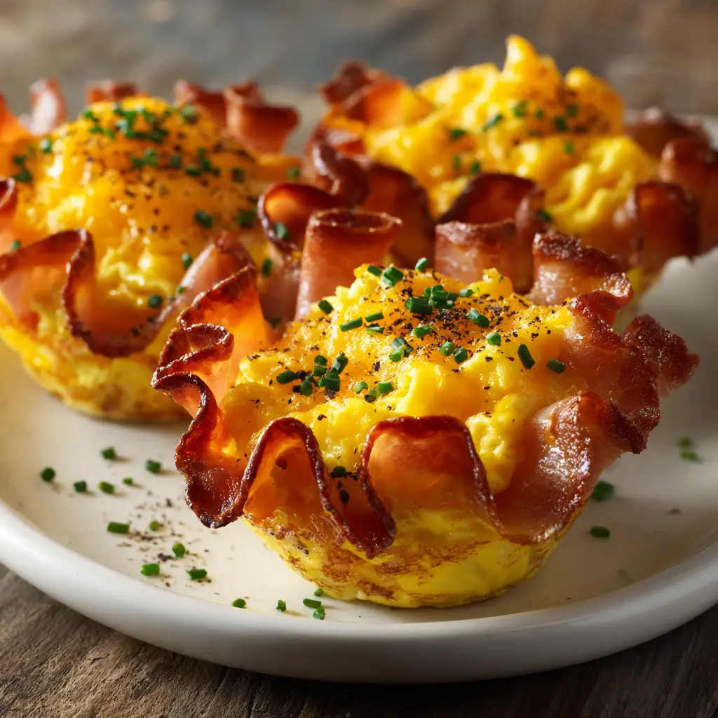 Ham and Egg Cups (The Easiest, Tastiest Recipe) 1 A side view of a ham and egg cup being lifted from a plate, highlighting the crispy ham crust and the cooked egg inside.