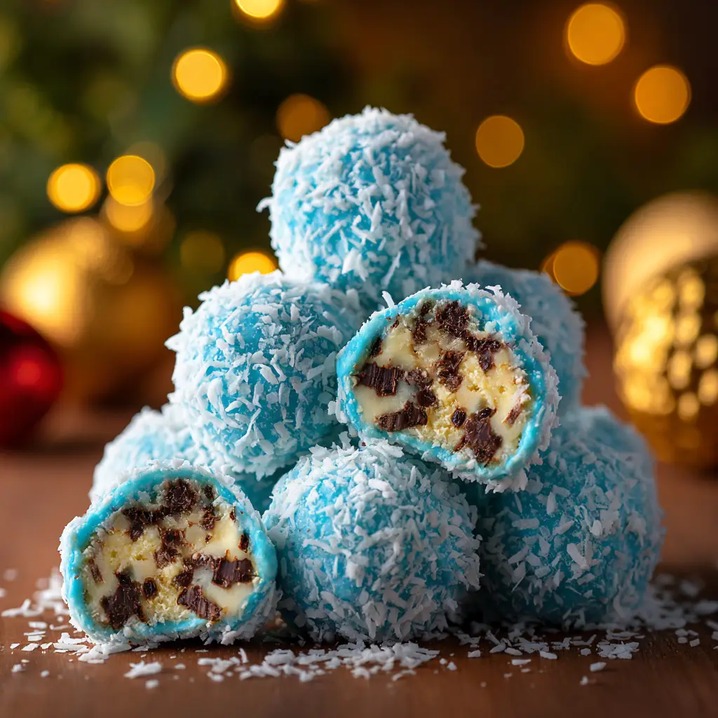 A second angle showing a stack of no-bake Christmas candy truffles, highlighting their bright blue color and decorative sprinkles.