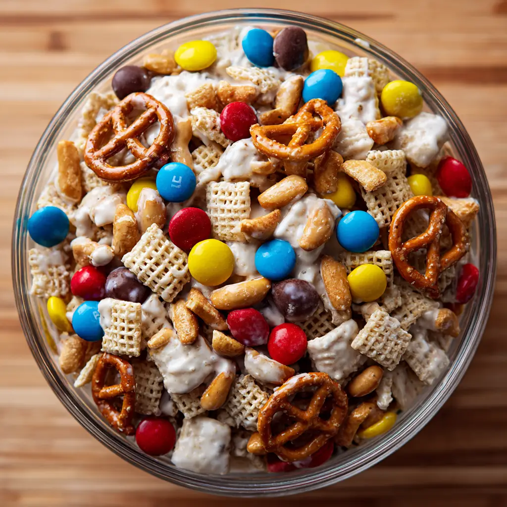White Chocolate Trash Snack Mix (The Easiest Holiday Treat!) 1 A bowl filled with the finished no-bake Chex mix recipe, ready to be served at a holiday gathering or party.