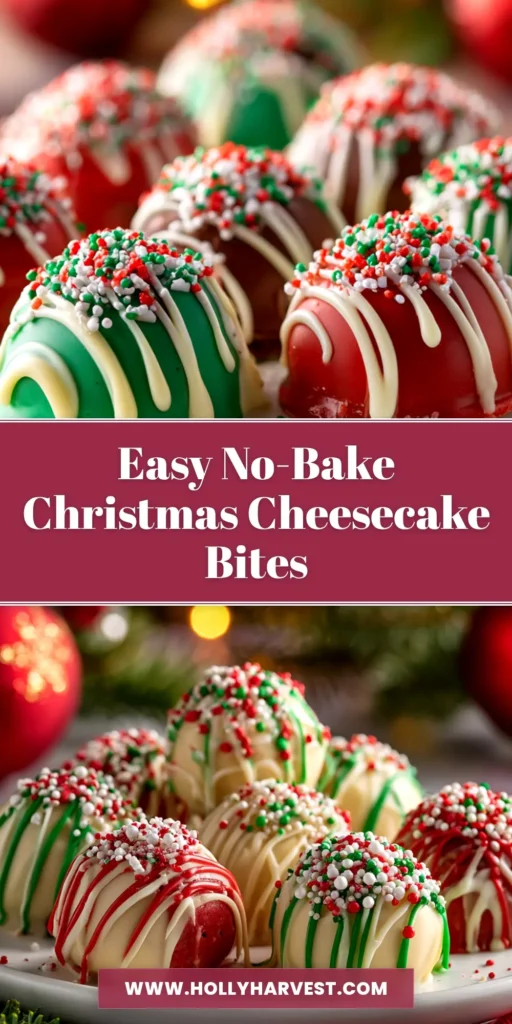 A platter of No-Bake Christmas Cheesecake Bites decorated with red and green sprinkles and crushed candy canes, ready for a holiday party.