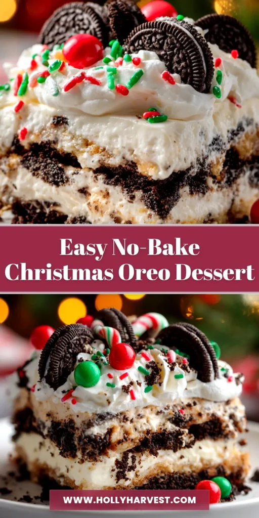 No-Bake Christmas Oreo Lasagna (Easy Holiday Dessert!) 3 A top-down shot of the full No-Bake Christmas Oreo Lasagna in a 9x13 dish, decorated with festive sprinkles. A slice has been removed to show the distinct layers.