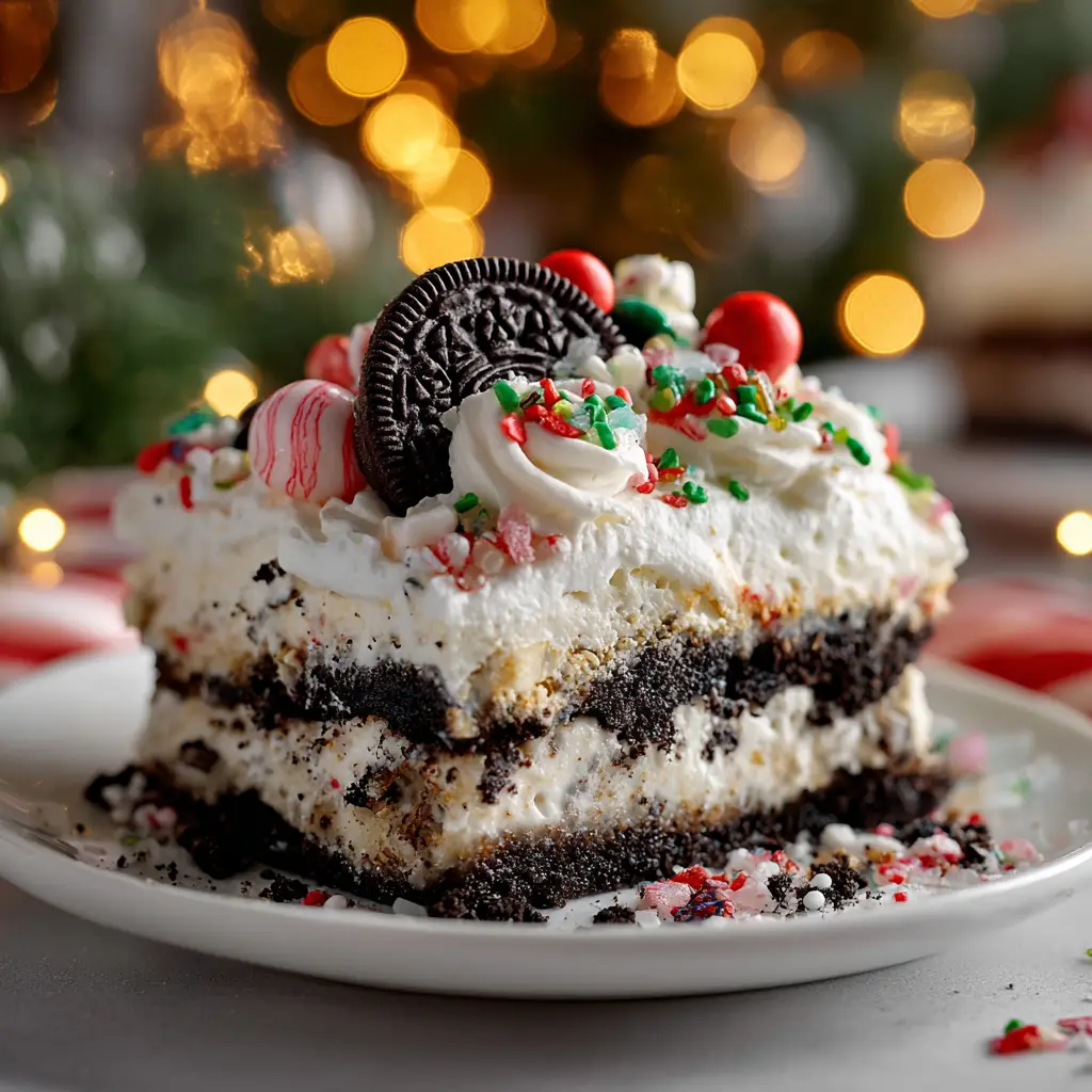 No-Bake Christmas Oreo Lasagna (Easy Holiday Dessert!) 2 A perfect slice of no-bake Christmas Oreo lasagna on a white plate, showing the clean, separate layers of Oreo crust, cream cheese filling, and chocolate pudding.