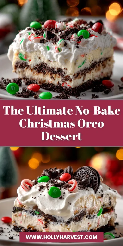 A festive slice of No-Bake Christmas Oreo Lasagna on a plate, showing distinct layers of Oreo crust, cream cheese, chocolate and white pudding, topped with whipped cream and red and green sprinkles.
