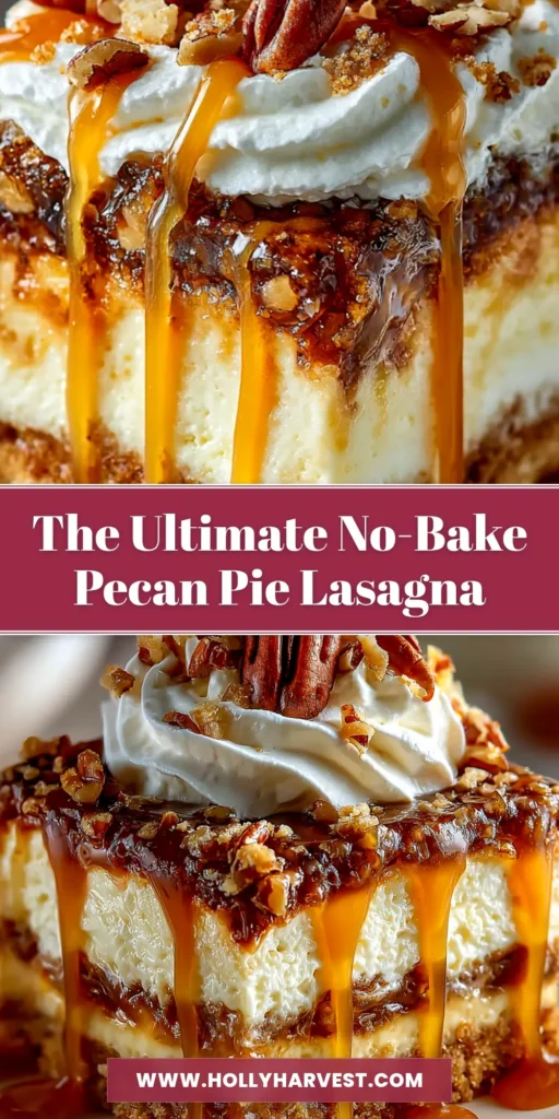 A large slice of no-bake Pecan Pie Lasagna on a white plate, showing distinct layers of graham cracker crust, cream cheese filling, pecan pie topping, and whipped cream.