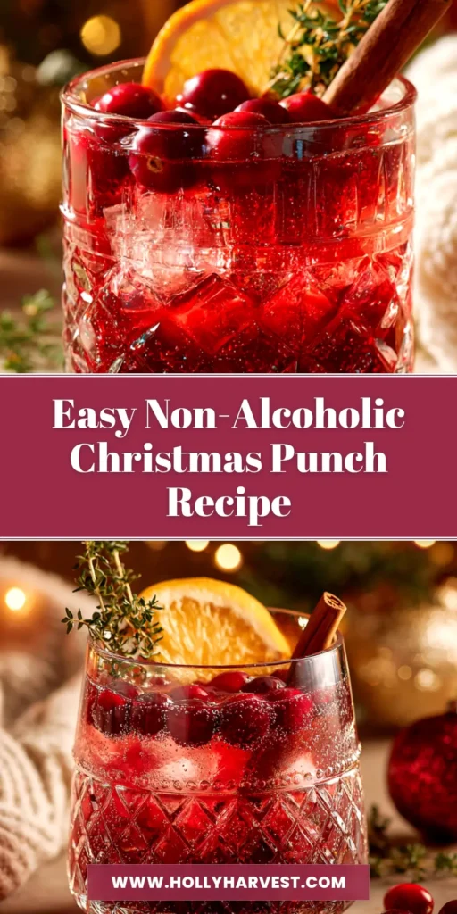 A large glass punch bowl filled with sparkling Non-Alcoholic Christmas Punch, garnished with fresh cranberries and orange slices.