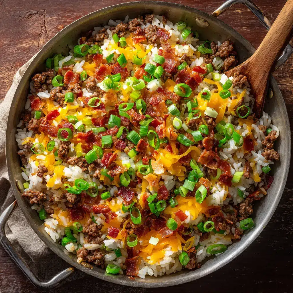 A spoonful of the Bacon Cheeseburger Rice Skillet being lifted from the pan, showcasing the delicious mix of ingredients.
