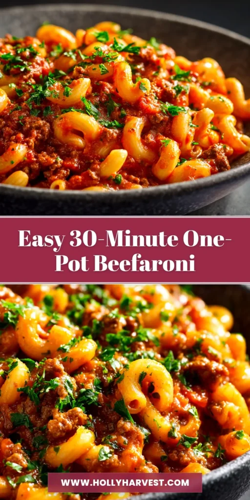 A delicious bowl of homemade one pot beefaroni, rich with cheesy tomato sauce and ground beef, garnished with fresh parsley.