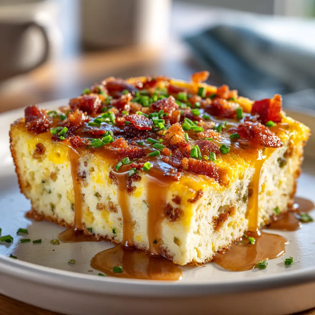 Breakfast Casserole: The Ultimate Recipe for Any Occasion 2 A perfectly square slice of a savory overnight breakfast casserole on a white plate, showing layers of egg, sausage, and melted cheese.