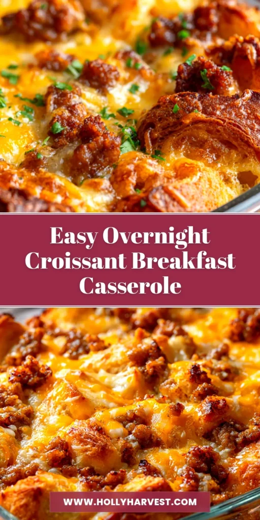 A golden-brown baked Overnight Croissant Breakfast Casserole in a white baking dish, showing flaky croissant tops and melted cheese.