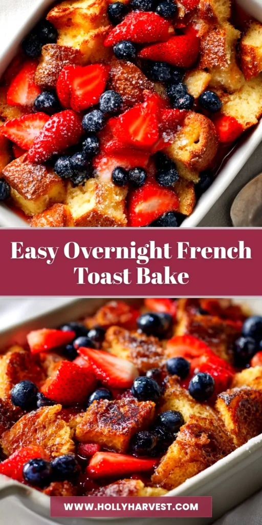 A delicious slice of Overnight French Toast casserole on a white plate, drizzled with maple syrup and dusted with powdered sugar, showcasing its golden-brown baked top.