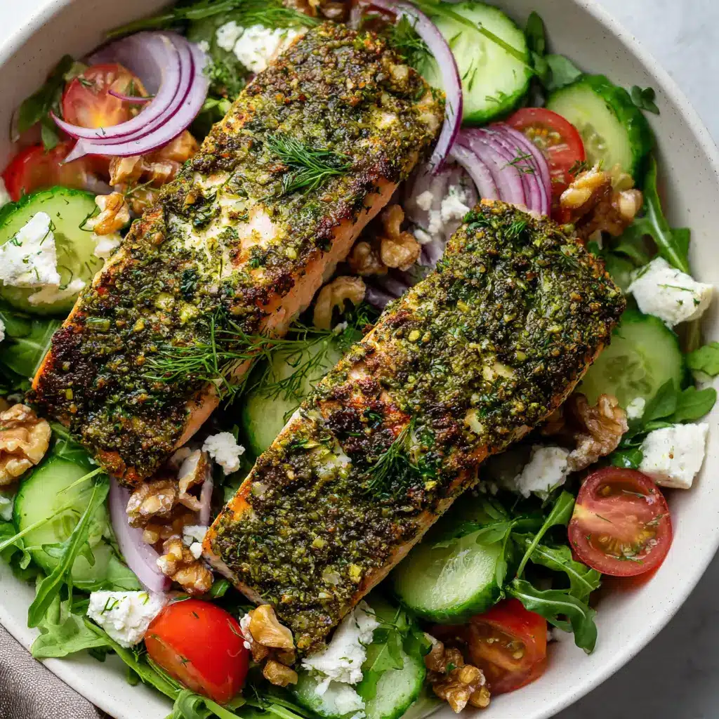 A close-up detail shot of the flaky salmon and the golden, crispy panko and herb crust.