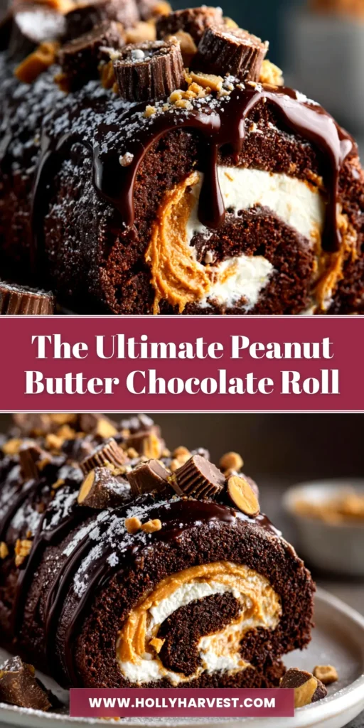 Peanut Butter Cup Chocolate Roll (No-Fail Recipe!) 4 A perfect slice of Peanut Butter Cup Chocolate Roll on a white plate, showing the beautiful swirl of chocolate cake and peanut butter filling, topped with ganache.