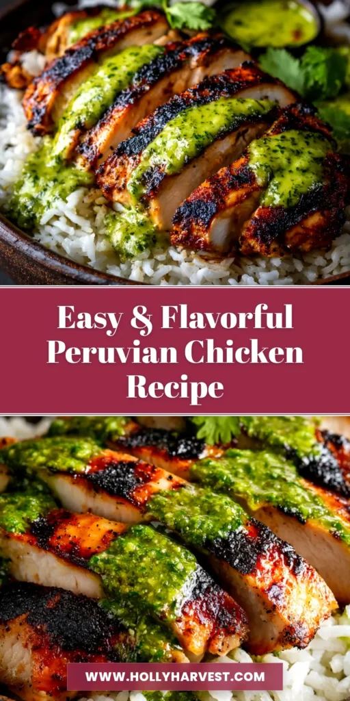 A close-up of a whole roasted Peruvian chicken, golden-brown and crispy, served on a platter with a side of creamy green aji verde sauce. This is the ultimate Peruvian chicken recipe.