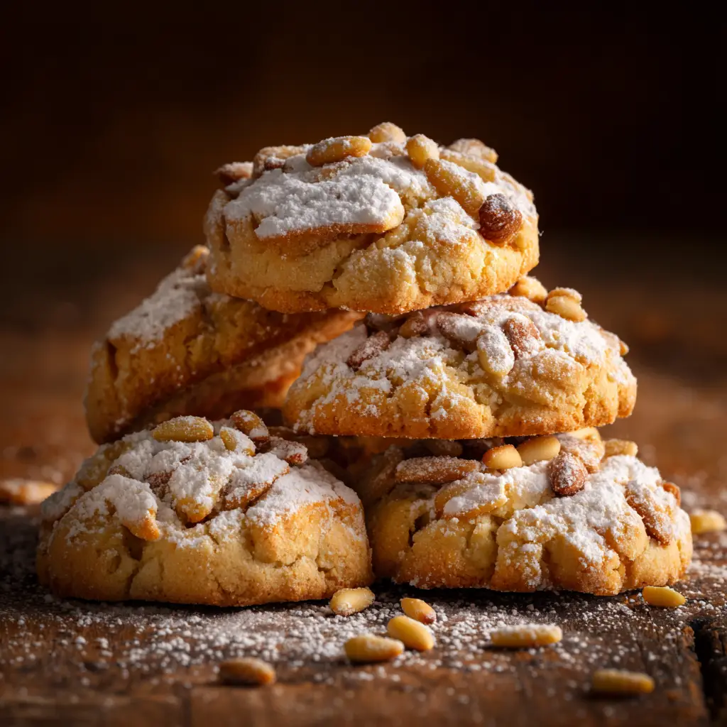 Pignoli Cookies: The Authentic Italian Recipe 1 A side view of a pignoli cookie broken in half to reveal its moist, dense, and chewy almond paste center. This image showcases the ideal internal texture of a perfectly baked pignoli cookie.