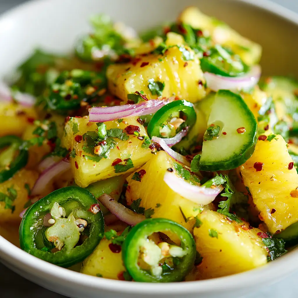 Pineapple Cucumber Salad: The Ultimate Refreshing Side 2 An extreme close-up shot of the Pineapple Cucumber Salad, highlighting the crisp texture of the diced cucumber and the juicy pineapple chunks.