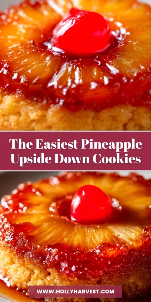 Pineapple Upside Down Cookies: The Ultimate Tropical Treat 4 A tray of perfectly baked Pineapple Upside Down Cookies, showing the glistening caramelized pineapple topping and bright red cherry centers. The cookies are arranged on a white serving platter.