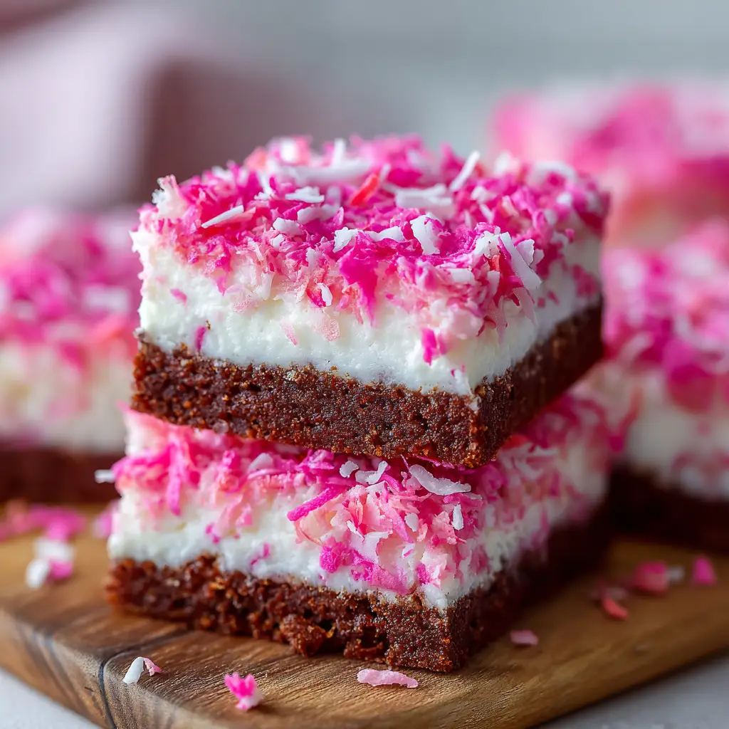 Pink Coconut Snowball Cake Bars: A No-Bake Holiday Treat 2 A stack of Pink Coconut Snowball Cake Bars, showing the fluffy pink coconut topping.