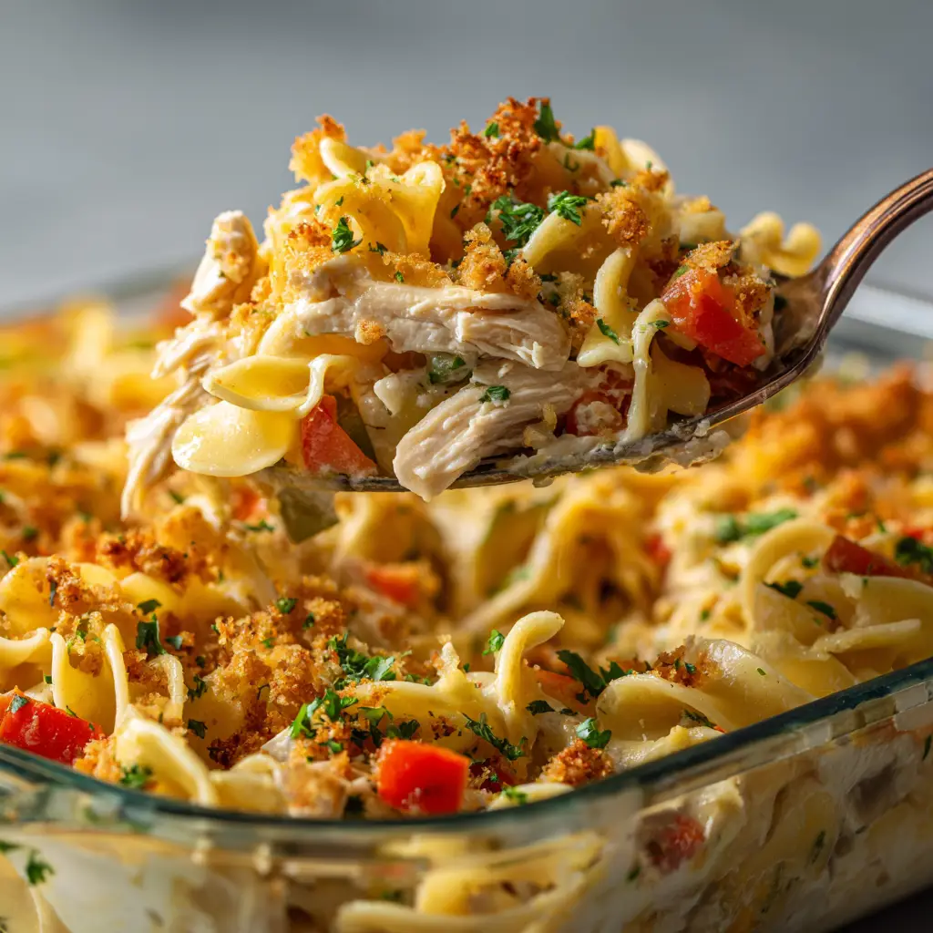A portion of the chicken noodle bake served on a white plate, garnished with fresh parsley for a pop of color.