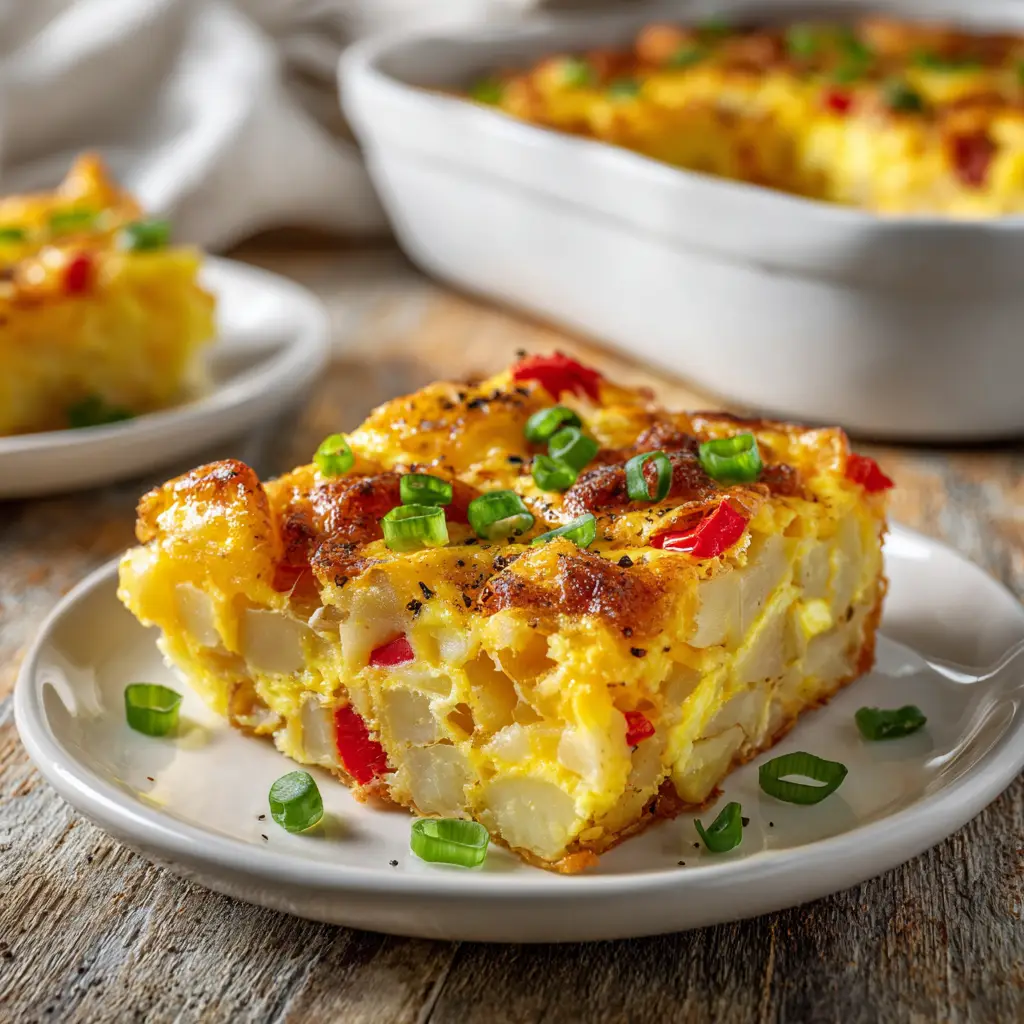 The potato breakfast casserole in a baking dish before being put in the oven, showing the layers of ingredients ready to be baked.