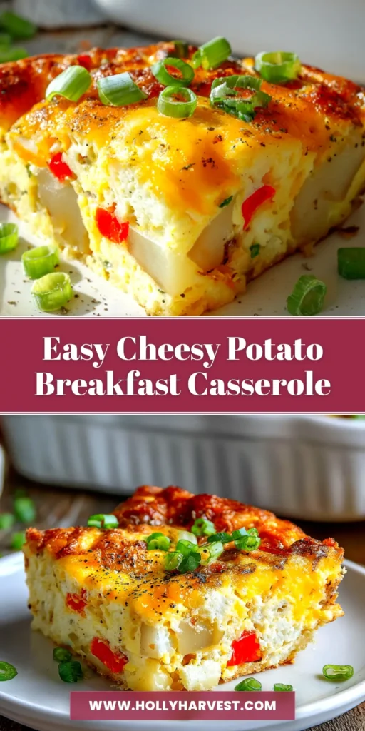 A delicious and cheesy potato breakfast casserole in a white baking dish, with a slice taken out to show the layers of egg, sausage, and potato. Perfect for a hearty breakfast or brunch.