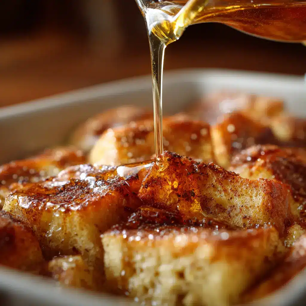 The preparation process for an overnight French toast bake, showing bread cubes soaking in a rich egg custard mixture in a baking dish.
