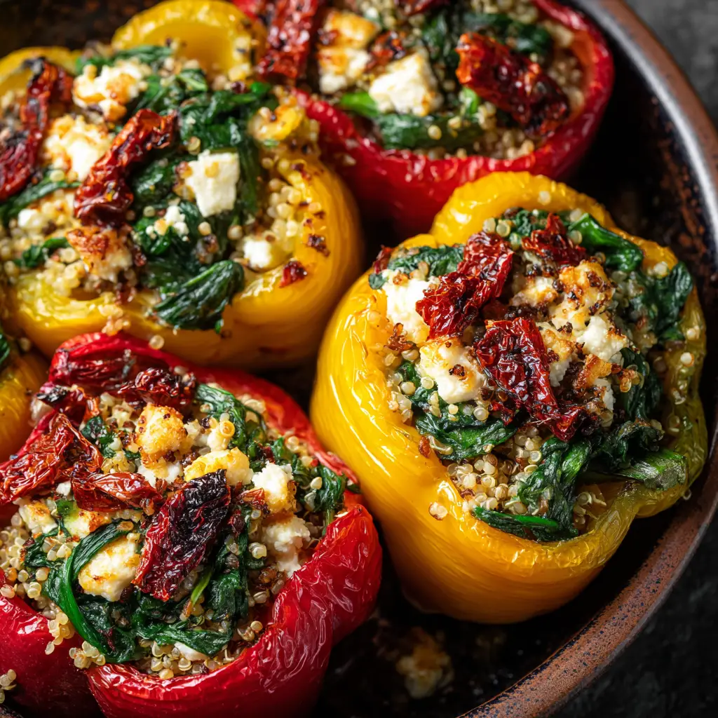 Mediterranean Stuffed Peppers: A Healthy & Easy Recipe 1 A baking dish filled with colorful Mediterranean stuffed peppers before going into the oven. A perfect meal prep dinner idea.