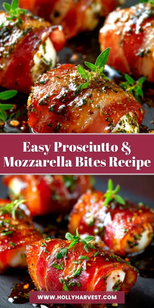 Prosciutto Wrapped Mozzarella (The Perfect 3-Ingredient Appetizer) 3 A platter of golden-brown Prosciutto Wrapped Mozzarella bites, drizzled with balsamic glaze and garnished with fresh basil. The perfect easy party appetizer.