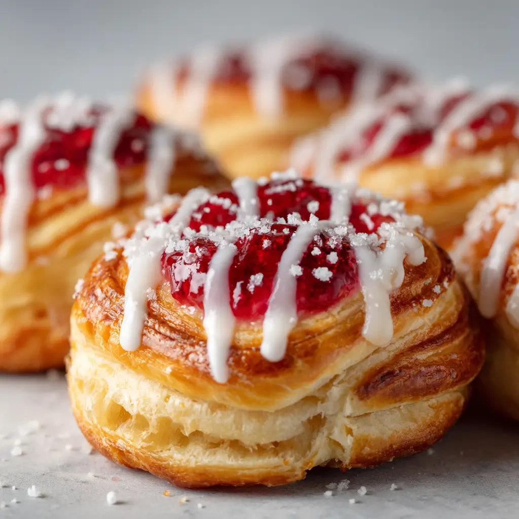 Raspberry Cheesecake Danish: The Ultimate Easy Recipe 1 A stack of freshly baked raspberry cheesecake danishes on a cooling rack, ready to be glazed. The pastries are golden and perfectly puffed.