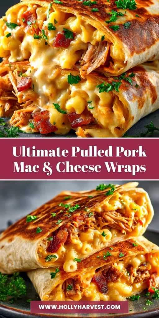 A delicious Pulled Pork Mac & Cheese Wrap cut in half, showcasing the creamy and cheesy filling inside a crispy golden tortilla.