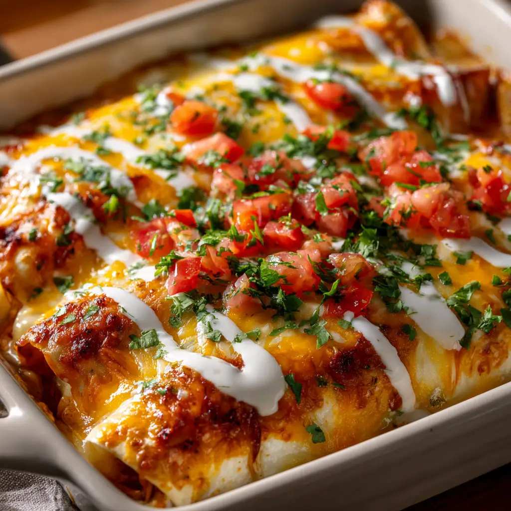 A serving of two queso chicken enchiladas on a plate, garnished with fresh cilantro, showcasing the creamy sauce and savory filling.