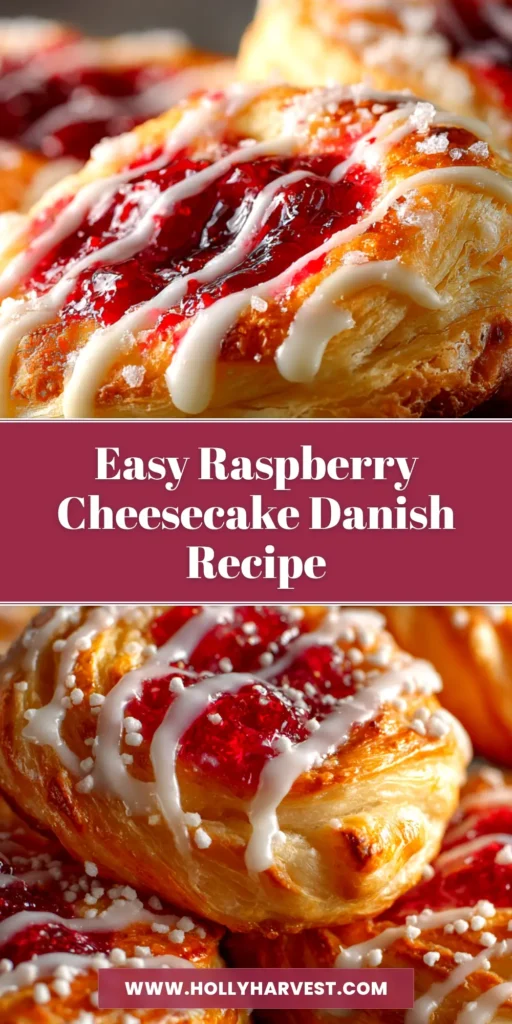 Raspberry Cheesecake Danish: The Ultimate Easy Recipe 3 A beautiful arrangement of flaky, golden-brown Raspberry Cheesecake Danish pastries, drizzled with a sweet vanilla glaze and garnished with fresh raspberries.
