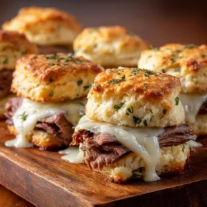 A close-up view of several French Dip Biscuit sliders arranged on a rustic wooden board, showing the layers of roast beef and melted cheese.