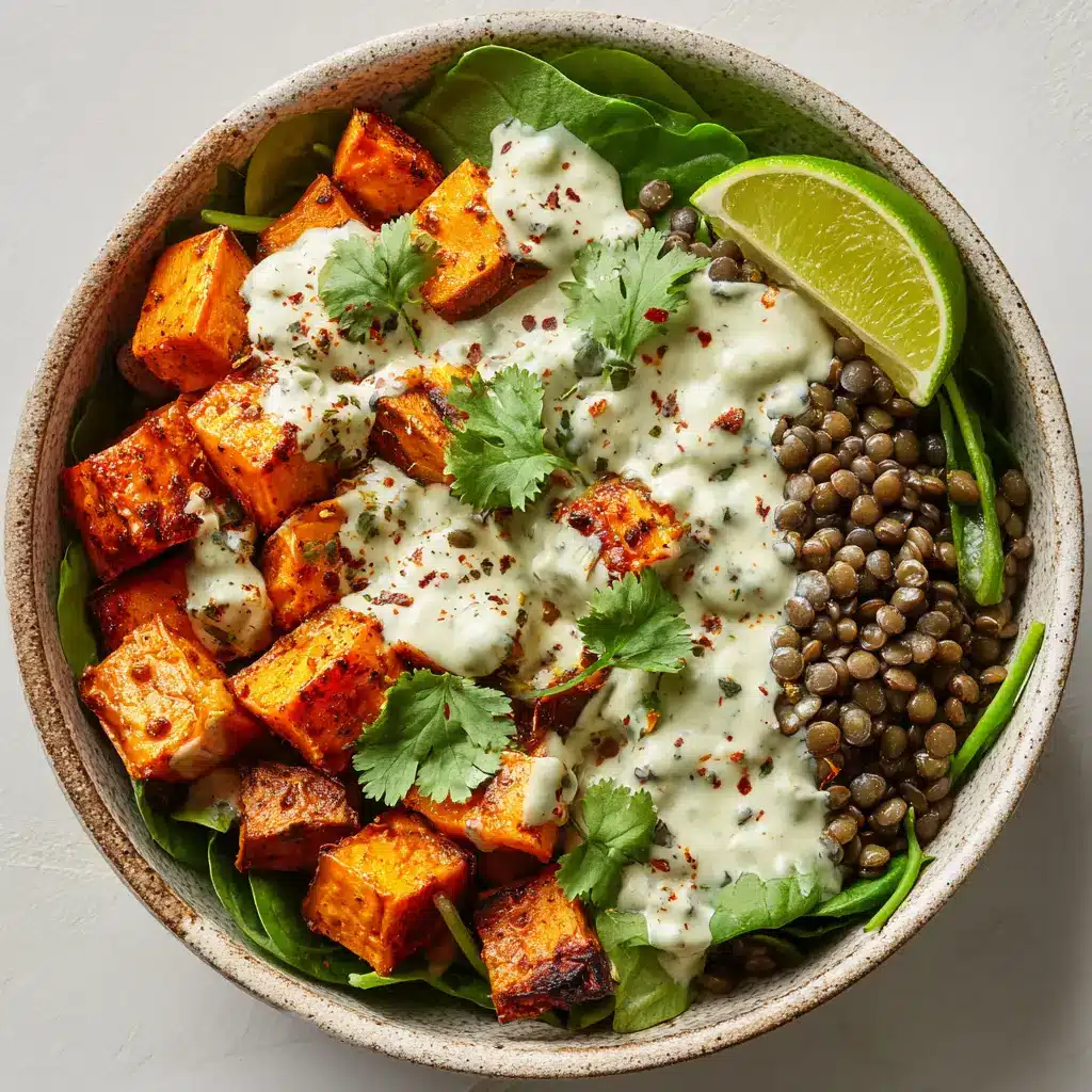 A close-up view of the roasted sweet potato lentil salad, showing the creamy lemon herb dressing being drizzled over the top. The focus is on the rich textures of the dish.