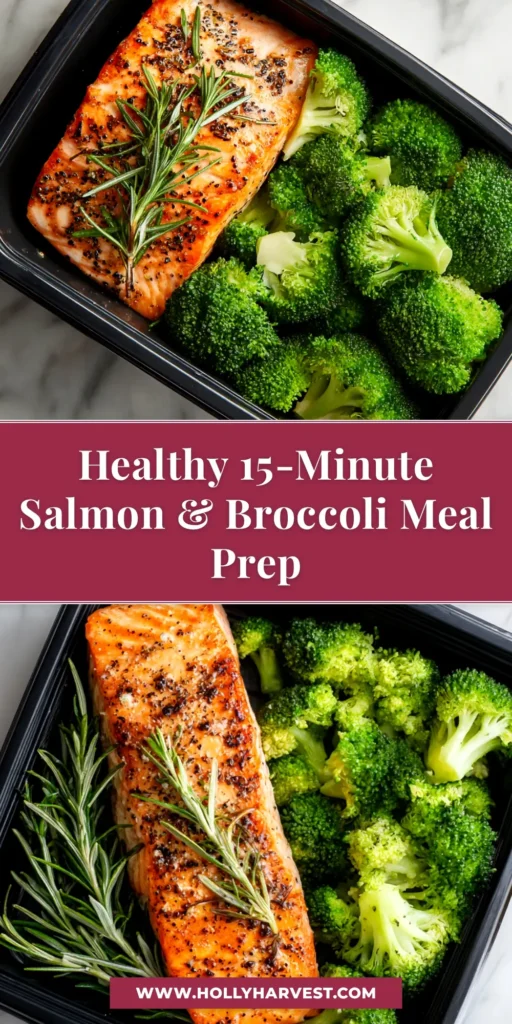 An overhead shot of four black rectangular meal prep containers filled with salmon and broccoli meal prep, with lemon slices and fresh herbs.