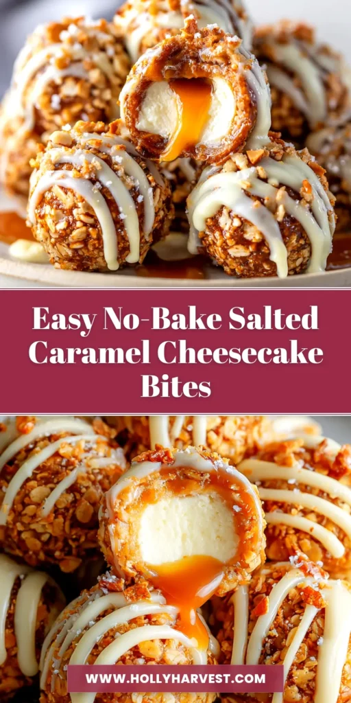 A close-up shot of Salted Caramel Pretzel Cheesecake Bites arranged on a white serving platter, ready to be shared.