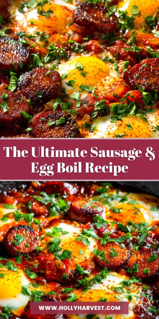 A delicious Sausage and Egg Boil spread out on a table, featuring sausage, hard-boiled eggs, corn, and potatoes covered in a savory garlic butter sauce.