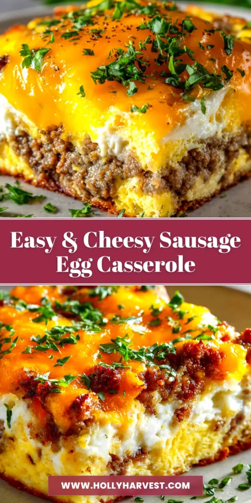 A delicious slice of sausage and egg casserole on a white plate, showcasing its fluffy texture and cheesy topping. The perfect make-ahead breakfast recipe.