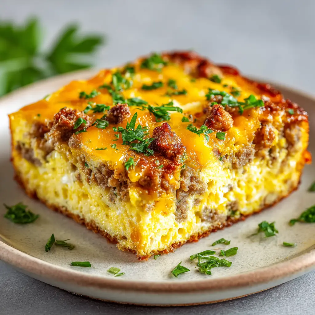 A macro shot of the inside of the sausage and egg casserole, showing the layers of bread, egg custard, and sausage. Illustrates the dish's hearty and moist interior.