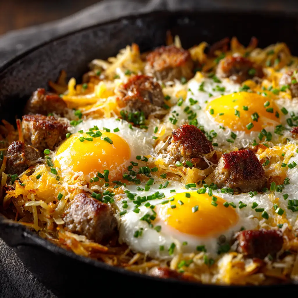 Sausage Hashbrown Breakfast Casserole (The Only Recipe You Need) 2 A golden-brown sausage and egg hashbrown breakfast bake fresh out of the oven in a ceramic baking dish.
